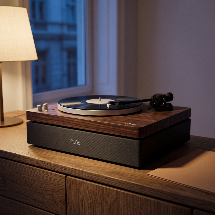 Aulo in Dark Wood met ingebouwde subwoofer, in avondlicht