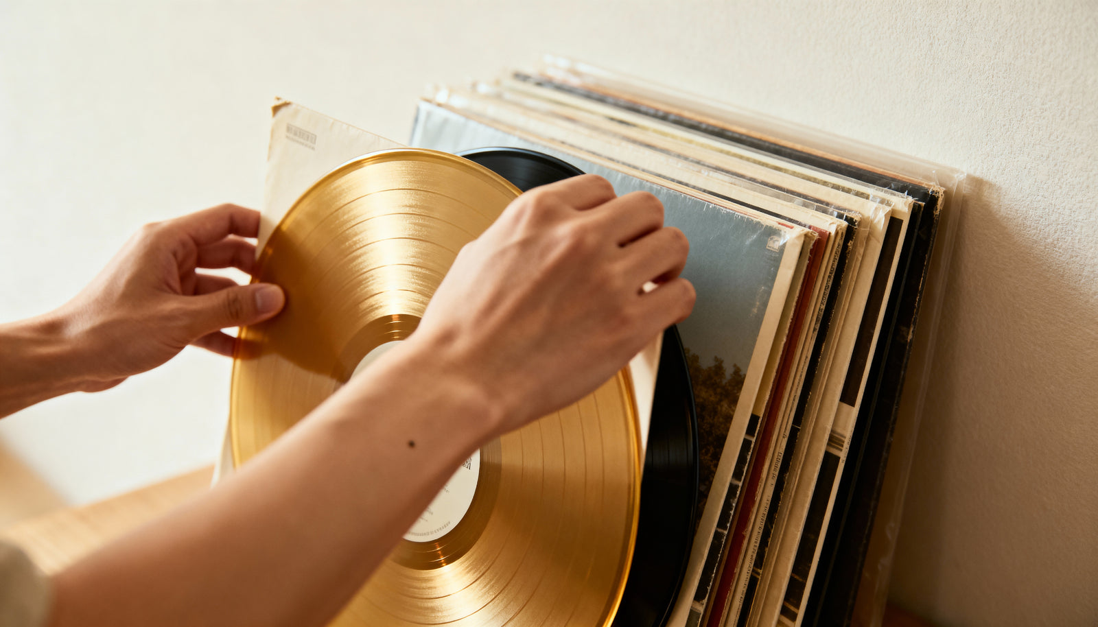 Handen leggen een vinylplaat op de Aulo platenspeler
