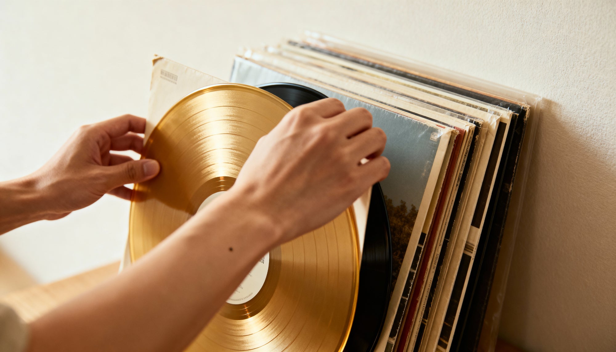 Handen leggen een plaat op de Aulo platenspeler, sfeerbeeld bij de beste bluetooth platenspelers van 2026