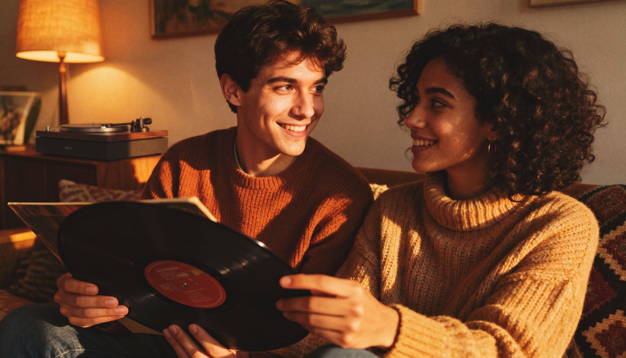 Aulo platenspeler met bluetooth in een warme woonkamer, draadloos verbonden met de speakers