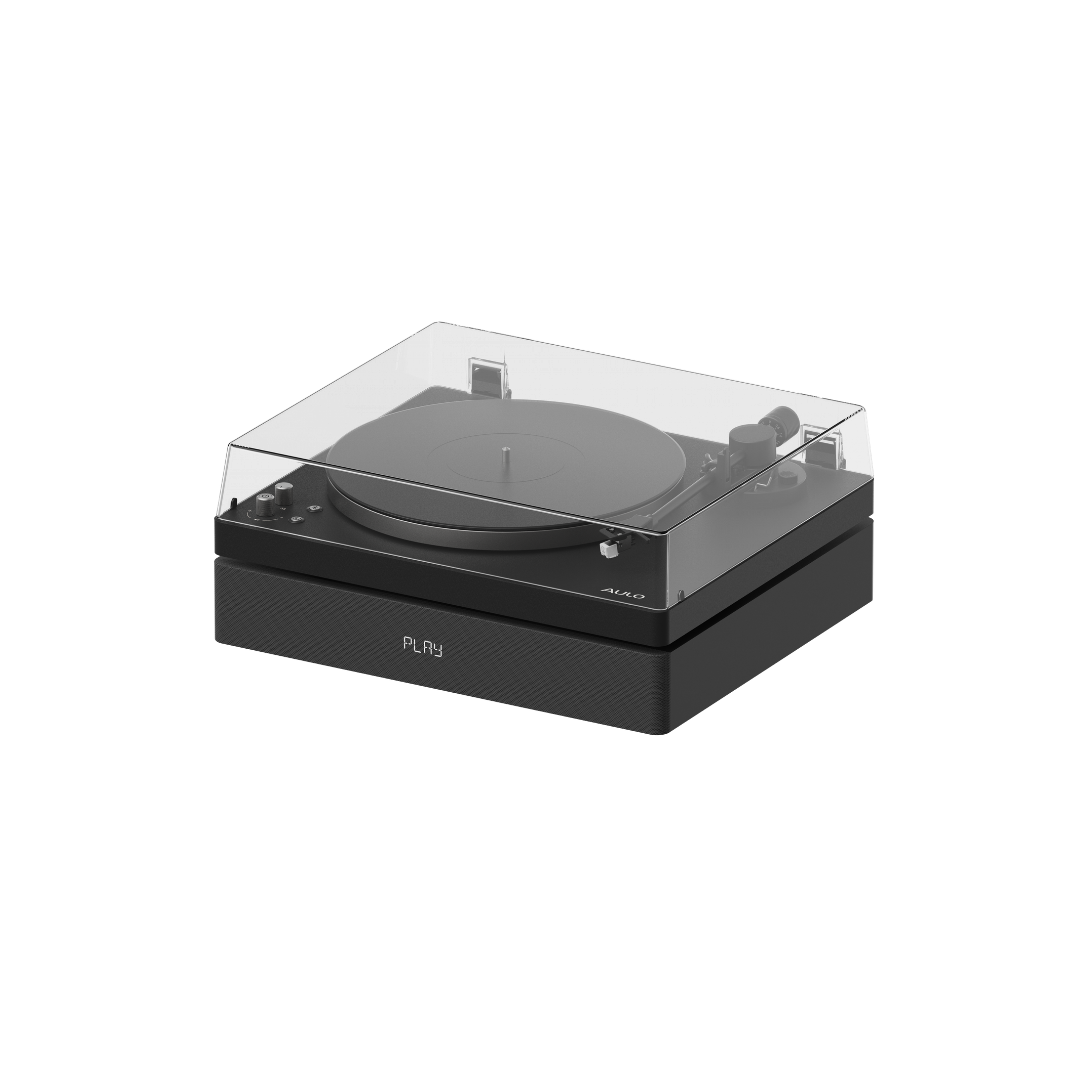 Aulo platenspeler in het zwart met gesloten stofkap, draadloos verbonden met je speakers