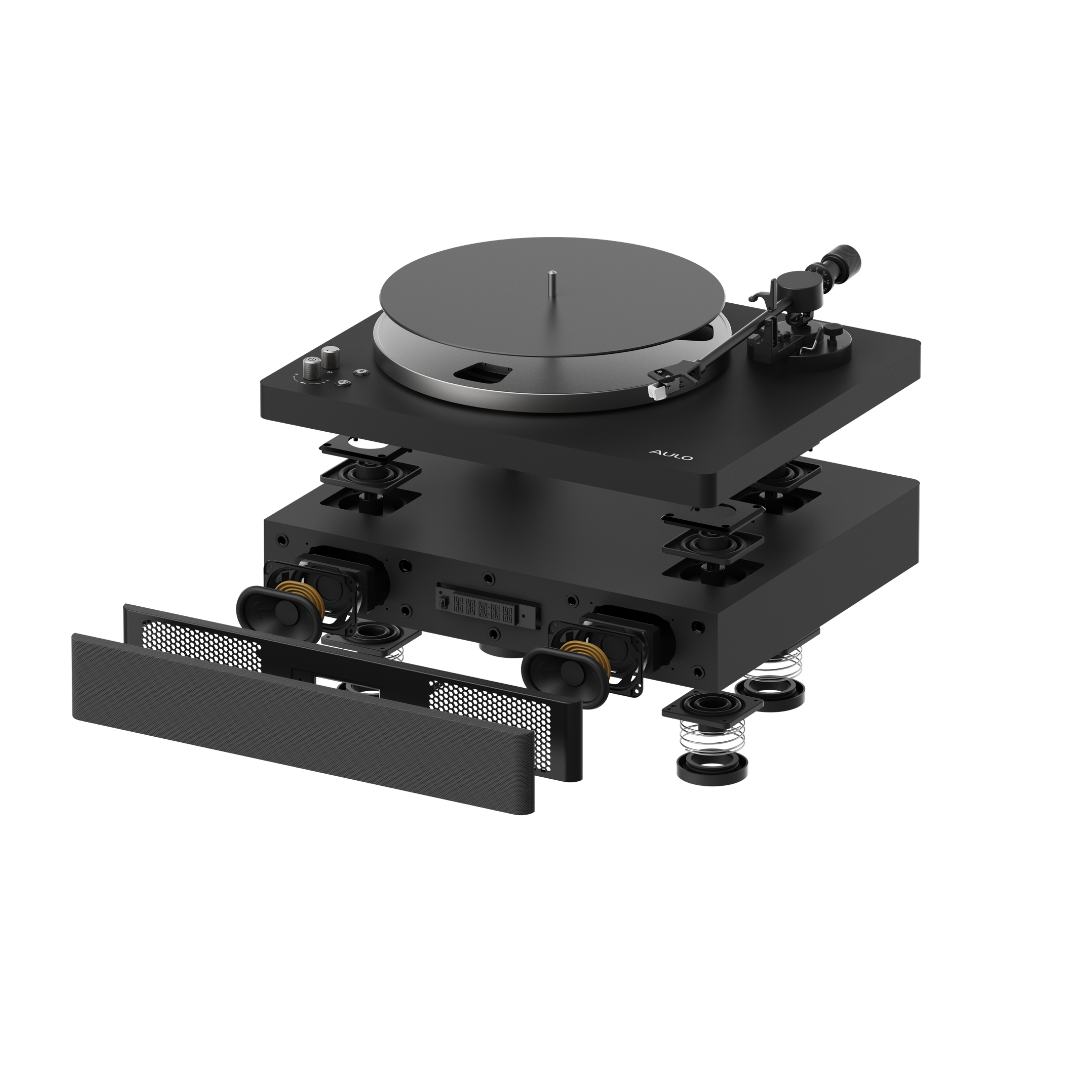 Opengewerkte weergave van de Aulo in het zwart: draaitafel, speakers en de ingebouwde subwoofer