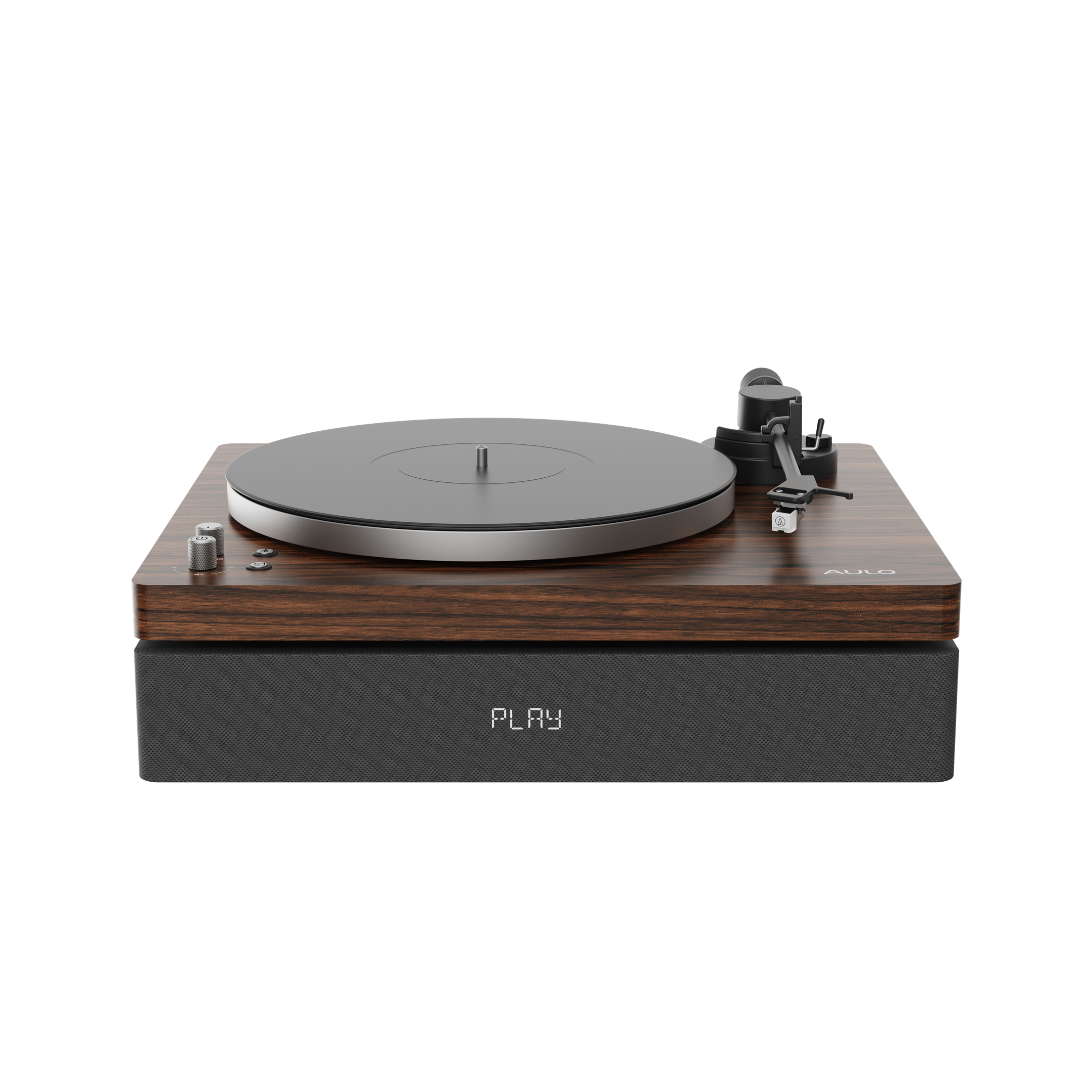 Aulo platenspeler in Dark Wood, all-in-one met ingebouwde speakers