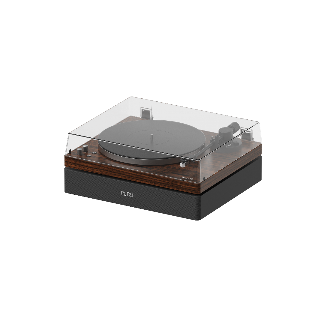 Aulo platenspeler in het zwart, rustig opgesteld als een bedacht object in huis, review door Bright