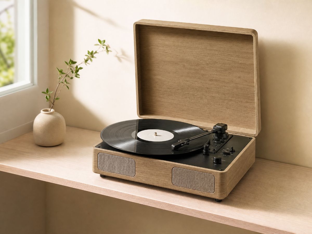 Compact instapmodel platenspeler met houtlook folie